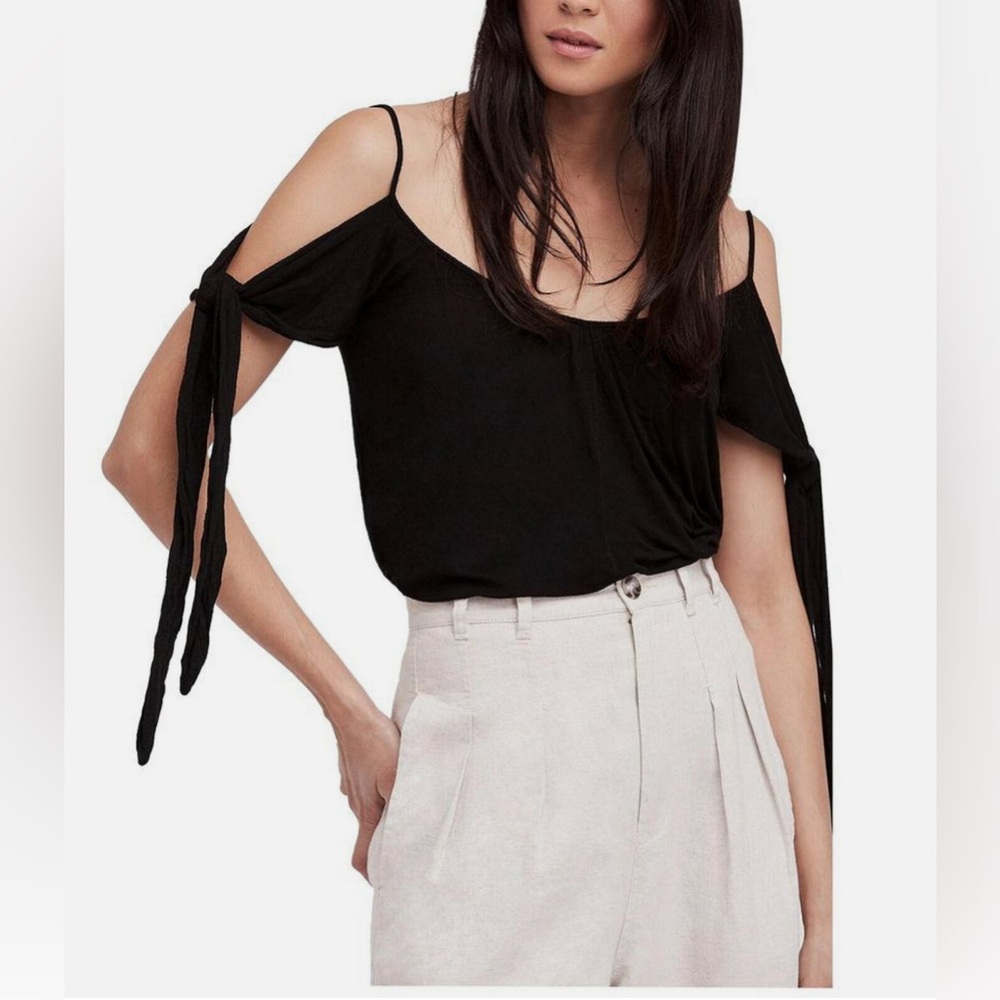 FREE PEOPLE Black Believe Me Viscose Jersey Cold Shoulder Top